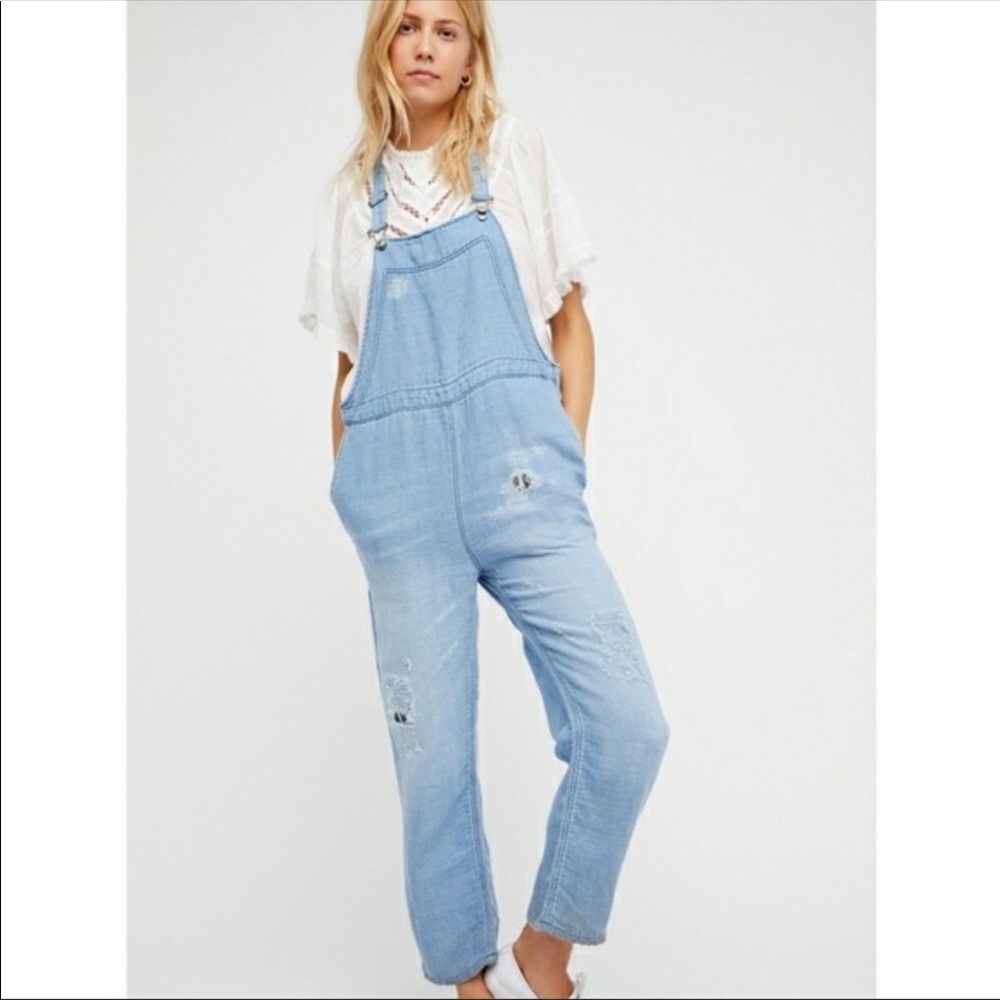 Free People🦋Linen Blend Distressed Overalls
